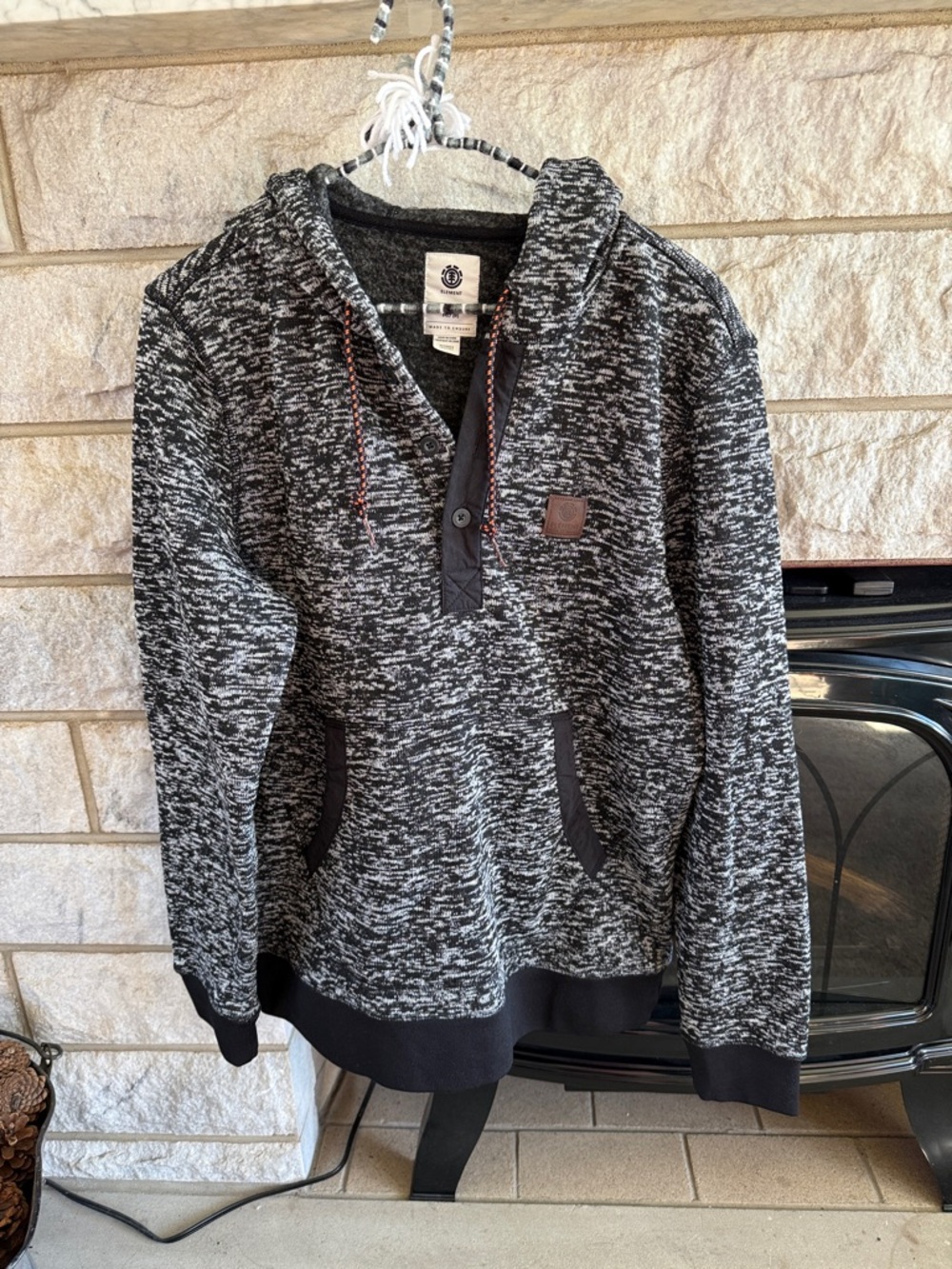 Element Black & White Marled Hooded Crewneck Sweater Medium